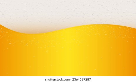 Large yellow wave beer background with bubbles. Vector Illustration