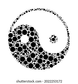 A large yin yang symbol in the center made in pointillism style. The center symbol is filled with black circles of various sizes. Vector illustration on white background