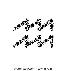 A large zodiac aquarius symbol in the center made in pointillism style. The center symbol is filled with black circles of various sizes. Vector illustration on white background
