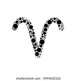 A large zodiac aries symbol in the center made in pointillism style. The center symbol is filled with black circles of various sizes. Vector illustration on white background