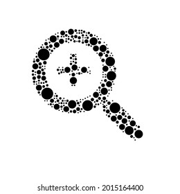 A large zoom in symbol in the center made in pointillism style. The center symbol is filled with black circles of various sizes. Vector illustration on white background