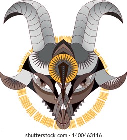 Large-horned animal. Goat. Geometric interpretation. Color illustration and its outline for coloring. Vector	