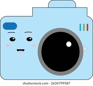 A large-lens camera with a cheerful expression in cute flat style, suitable for visual arts or hobby design content.