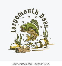 largemouth bass fish hand drawn logo in vintage style