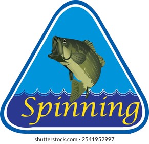 Largemouth bass fish jumping out of blue water with spinning text in triangular logo format