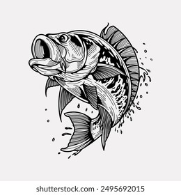 Largemouth bass fish vintage hand drawn illustration