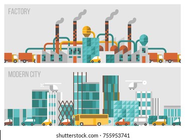 Large-scale production. Modern city. Transport of traffic around the city. Environmental pollution.