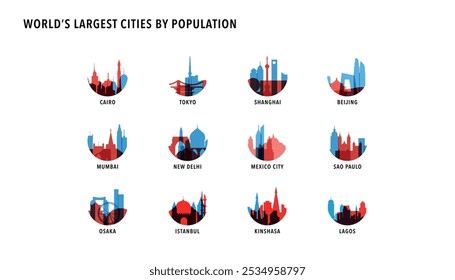 Largest cities by population - logos, icons for infographics, index, presentation, rankings - Cairo, Tokyo, Shanghai, Beijing, Mumbai, Delhi, Mexico city, Sao Paulo, Osaka, Istanbul, Kinshasa, Lagos