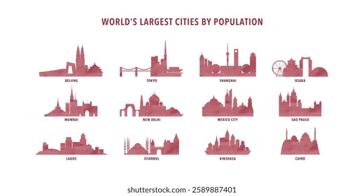 Largest cities by population - watercolor logos, icons packs with sktylines of Cairo, Tokyo, Shanghai, Beijing, Mumbai, Delhi, Mexico city, Sao Paulo, Osaka, Istanbul, Kinshasa, Lagos