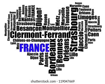Largest cities or towns of France info-text graphics composed in love sign shape concept.