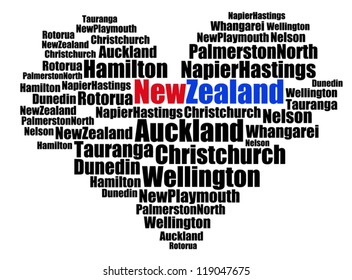 Largest cities or towns of New Zealand info-text graphics composed in love sign shape concept.