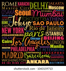 The largest cities in the world word cloud collage, travel destinations concept background