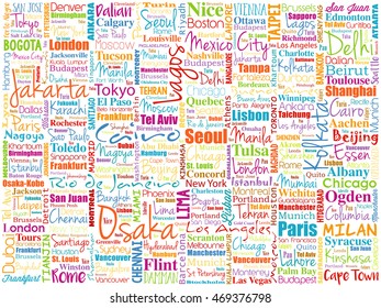 The largest cities in the world word cloud collage, travel destinations concept background
