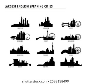 Largest english speaking cities index - logo, icon pack with skylines of New York, Hong Kong, London, Singapore, Sydney, Los Angeles, Melbourne, Toronto, Dublin. Vector bundle ranking, rating image