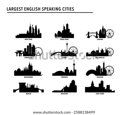 Largest english speaking cities index - logo, icon pack with skylines of New York, Hong Kong, London, Singapore, Sydney, Los Angeles, Melbourne, Toronto, Dublin. Vector bundle ranking, rating image