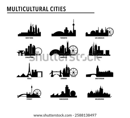 Largest multicultural cities index - logo, icon pack with skylines of New York, Toronto, Los Angeles, Singapore, Chicago, Dubai, Paris, London. Vector bundle ranking, rating image