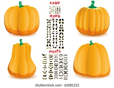 Largest set of halloween pumpkins with big set of mouths, eyes and noses for Jack O`Lantern face, part 20, vector illustration