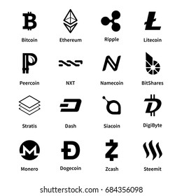 Largest set of most popular cryptocurrency signs like- Bitcoin, Ethereum, Ripple, Litecoin, Peercoin, NXT, Namecoin, BitShares, Stratis, Dash, Siacoin, DigiByte, Monero, Dogecoin and Zcash