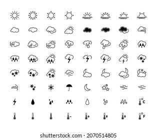 Größte Reihe einfacher, moderner Wettersymbole einzeln auf Weiß