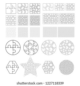 Largest set of white puzzles pieces in different shapes. Jigsaw Puzzle template ready for print. Cutting guidelines on white