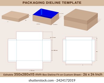 Largest Size shoe Box 350x280x115 mm, Lid H=40mm Dieline Template