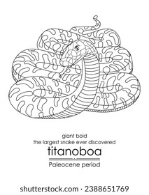 The largest snake ever discovered, Titanoboa, a giant boid, appeared in the Paleocene period. This period followed the extinction of the dinosaurs. Perfect for coloring and educational purposes.