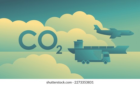 The largest source of CO2 emissions - the transportation sector. Truck, bulker ship and airplane in a cloud of exhaust pollution.