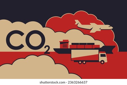 The largest source of CO2 emissions - the transportation sector. Truck, bulker ship and airplane in a cloud of exhaust pollution. Poster in vintage style