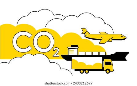 The largest source of CO2 emissions - the transportation sector. Truck, bulker ship and airplane in a cloud of exhaust pollution. Poster in thin line with yellow fill