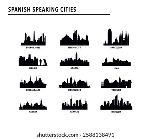 Largest spanish speaking cities index - logo, icon pack with skylines of Buenos Aires, Mexico City, Barcelona, Madrid, Bogota, Lima, Guadalajara, Montevideo. Vector bundle ranking, rating image