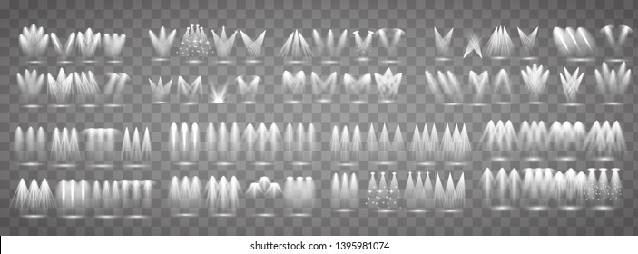 The largest spotlight collection. Scene illumination.  Concert spotlight with beam, illuminated spotlights for web design illustration.