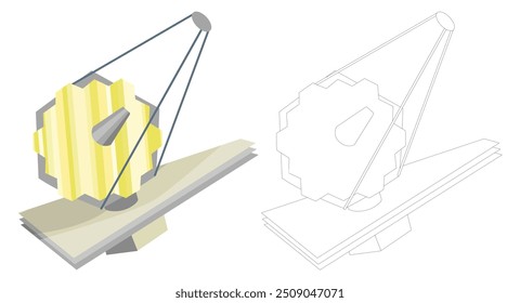 Das größte Teleskop im Raum in Farbe und Weiß mit schwarzem Umriss auf weißem Hintergrund. Astronomische Vektorgrafik für Kindermalbuch.