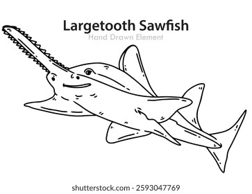 Largetooth sawfish hand drawn black line sketch, vector shape, editable, coloring page, animal, ocean