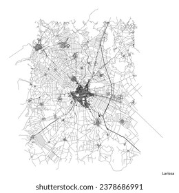 Larissa city map with roads and streets, Greece. Vector outline illustration.