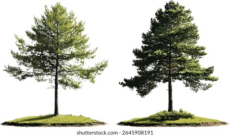 Larix occidentalis e Larix decidua isolaram recorte à luz do sol, árvore conífera, floresta alpina, folhagem sazonal, natureza ao ar livre, ilustração vetorial.