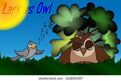 Lark Vs Owl - A Joyful Lark Sings A Song To A Sleepy Owl On A Sunny Morning, Vector Clip Art