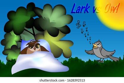 Lark Vs Owl - A Joyful Lark Sings A Song To A Sleepy Owl On A Sunny Morning, Vector Clip Art