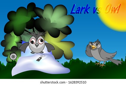 Lark Vs Owl - A Lark Wakes An Owl On The Phone On A Sunny Morning, Vector Clip Art