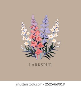 Larkspur Delphinium. July Birth month flower. Birth flowers vintage floral illustrations, retro flower market poster. Silkscreen printing retro groovy trippy psychedelic poster art style simple minima