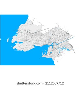 LaRochelle, Charente-Maritime, mapa vectorial de alta resolución de Francia con límites de ciudad y caminos editables. Bordes blancos para las carreteras principales. Muchos caminos detallados. Formas y líneas azules para el agua.