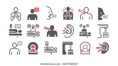 Laryngeal cancer. Symptoms, Causes, Treatment. Line icons set. Vector signs for web graphics.