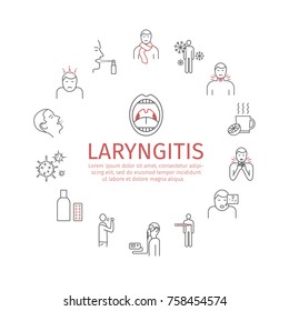 Laryngitis banner. Symptoms, Treatment. Line Icons set. Vector illustration.