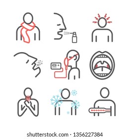 Laryngitis. Symptoms, Treatment. Line Icons set. Vector illustration