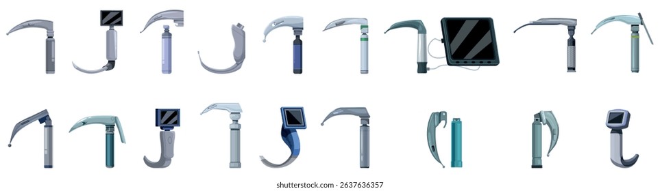 Laryngoscope icons set. Different types of laryngoscopes used for intubation during surgery or emergency situations