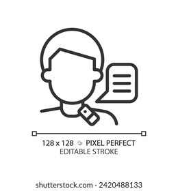 Larynx speech linear icon. Lifestyle special needs medicine. Speech physiotherapy treatment. Lifelong medical condition. Thin line illustration. Contour symbol. Vector outline drawing. Editable stroke