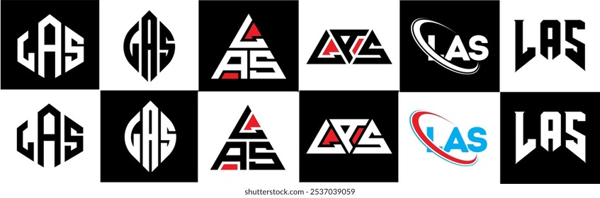 LAS letter logo design in six style. LAS polygon, circle, triangle, hexagon, flat and simple style with black and white color variation letter logo set in one artboard. LAS minimalist and classic logo