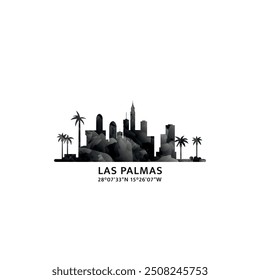 Las Palmas panorama, vector badge, skyline logo and icon. Spain, Canary city horizon logotype with landmarks and building silhouettes. Isolated foggy abstract gradient graphic