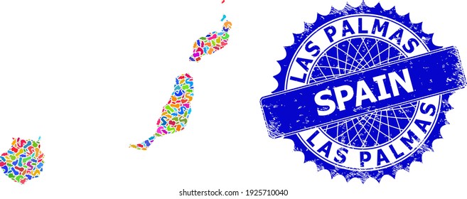 Las Palmas Province map flat illustration. Spot collage map and distressed stamp seal for Las Palmas Province. Sharp rosette blue stamp seal with tag for Las Palmas Province map.