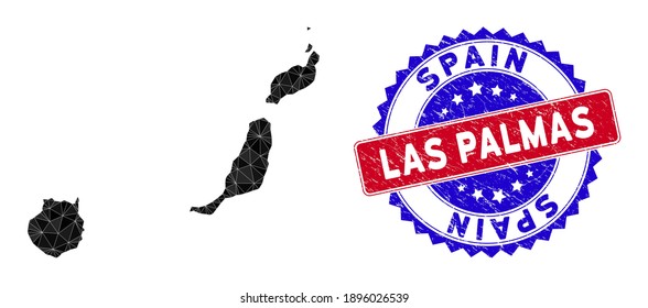 Las Palmas Province map polygonal mesh with filled triangles, and rubber bicolor watermark. Triangle mosaic Las Palmas Province map with mesh vector model, triangles have variable sizes,