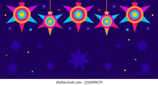 las posadas background. Vector web banner, poster, card for social media, networks with copy space. Text las posadas, pinata mexican star on blue background. Hispanic tradition, chistmas selebration.